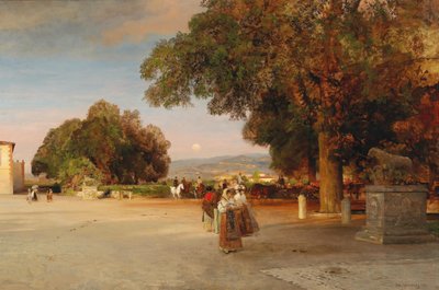 フランス語：Promeneurs sur la terrasse de la Villa Grazioli à Grottaferrata グロッタフェッラータのヴィラ・グラツィオーリのテラスでの夕暮れの風景 作： オズワルド・アッヘンバッハ