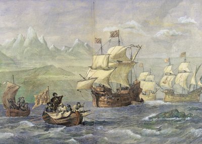 マゼラン海峡の発見 (カラー彫刻) 作： Oswald Walters Brierly