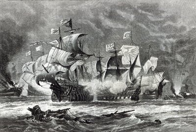 ウィリアムウィンター卿の下で、1888年の「レジャーアワー」からスペイン軍艦隊と交戦するヴァンガード 作： Oswald Walters Brierly