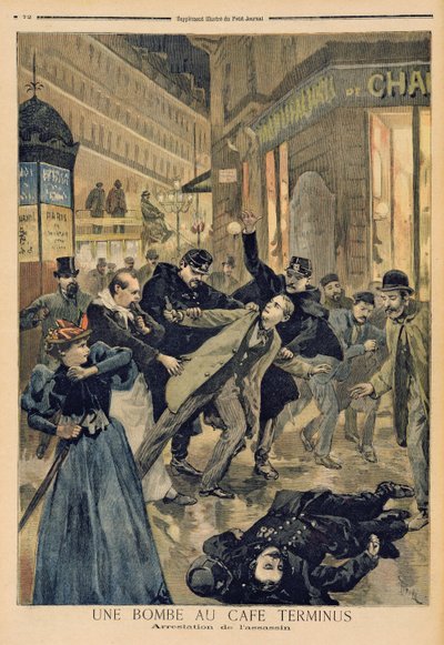 1894年2月26日の「ルプチジャーナル」のイラスト、暗殺者逮捕、カフェテルミナスの爆弾 作： Oswaldo Tofani