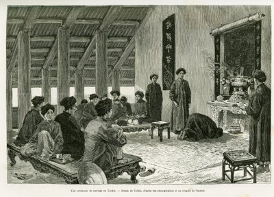 トンキンでの結婚式の様子。エドワード・シャルトン（1807-1890）の指揮の下、ポール・オカール博士が1884年に発表した「Tente mois au Tonkin」の物語を説明するために、トファーニが描いた版画。 作： Oswaldo Tofani
