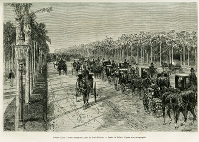 ブエノスアイレス、サルミエント通り、三月公園。1886年にエミール・ダローが書いた「Voyage a la Plata」という物語を説明するためにトファーニが描いたもので、1888年にエドゥアール・シャルトン（1807-1890）が監督した「le tour du monde」に収録されています。 作： Oswaldo Tofani