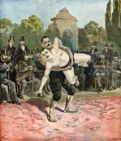 力士ピエリとウスーフ・イスマイロロによるデモンストレーション（イラスト）1895年 作： オズワルド・トファニ