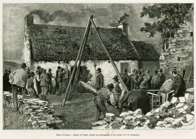 立ち退きの場面。1889年にマリー・アンヌ・ドゥ・ボヴェが描いた「Trois mois en Irlande」の挿絵を、トファーニが描いたもの。 作： Oswaldo Tofani