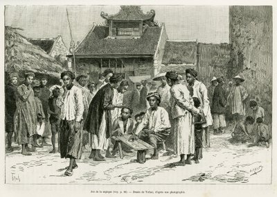サペックのゲーム。エドワード・シャルトン（1807-1890）の指導の下、1884年にポール・オカール博士が書いた「トンキンでの3時間の出来事」を説明するために、トファーニが描いた版画。 作： Oswaldo Tofani