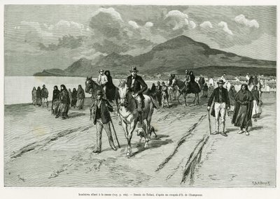 ミサに参加する島民。1889年にマリー・アンヌ・ドゥ・ボヴェが描いた『Trois mois en Irlande』の挿絵をトファーニが描いたもので、エドゥアール・シャルトン（1807-1890）監督の『le tour du monde 1890』に収録されている。 作： Oswaldo Tofani