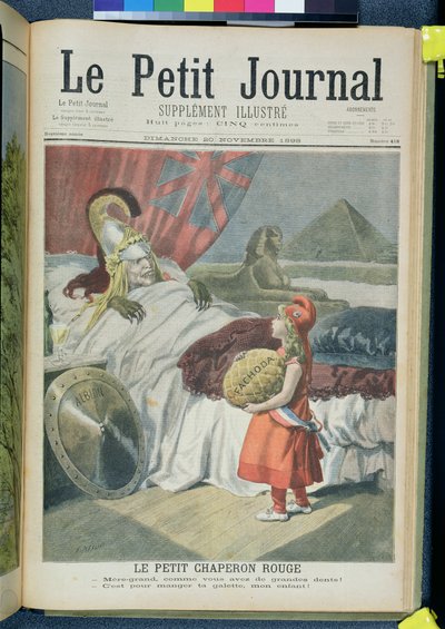 1898年11月20日の「ルプチジャーナル」のタイトルページを示す、赤ずきんまたはフランスがイギリスにファチョーダを失った（カラー彫刻） 作： Oswaldo Tofani