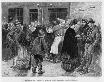 ダブリンの土曜の夜。1889年にマリー・アンヌ・ドゥ・ボヴェが描いた『Trois mois en Irlande』の挿絵をトファーニが描いたもので、エドゥアール・シャルトン（1807-1890）監督の『le tour du monde 1890』に収録されている。 作： Oswaldo Tofani
