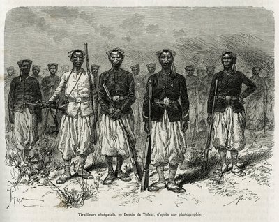 探検隊の護衛のセネガル人騎兵。1880年から1881年にかけて、海兵隊歩兵中佐ガリエニが行ったオー・ニジェールでの探検の物語を説明するために、トファーニが描いた版画。 作： Oswaldo Tofani