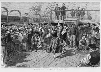 船上の移民たち。エドゥアール・シャルトン（1807-1890）の指揮の下、1886年にエミール・ブレローがツアー・デュ・モンド1887年に行った3ヶ月間のバカンス「Voyage a la Plata」の物語を説明するためのトファーニによるエングレーヴィング。 作： Oswaldo Tofani