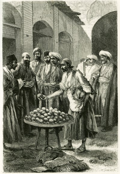 カチャン（またはカシャーン、現在のイラン、テヘラン州）の漁師の商人。1881年から1882年にかけて、ジェーン・ディウラフォイ（旧姓マグレ）の物語「ペルシャ、カルディ、スシアネ」を説明するために、写真をもとにトファーニが描いたエングレーヴィング。 作： Oswaldo Tofani