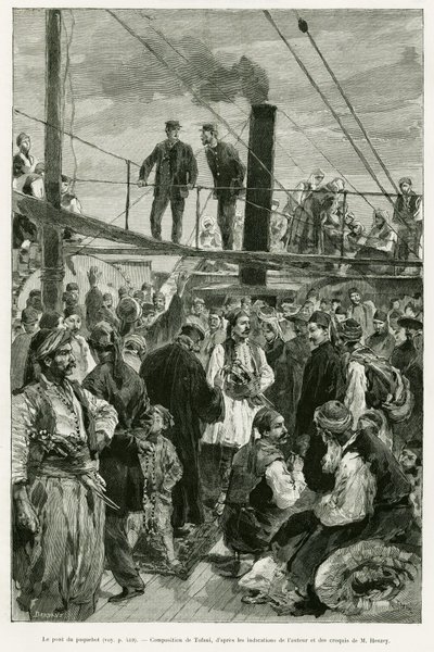 船の甲板の様子。1882年にポール・モンソーが描いた「Voyage en Thessalie」の挿絵をトファーニが描いたもので、エドゥアール・シャルトン（1807-1890）が監督した「le tour du monde 1887」に収録されている。 作： Oswaldo Tofani