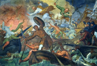 1571年10月7日、レパントの戦いにおけるSSピーターとポールの奇跡的な介入 作： Ottaviano Dandini
