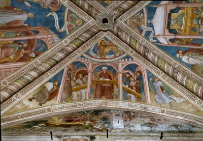 左側に座って7つのリベラルアーツを学ぶ聖アウグスティヌス(フレスコ 作： Ottaviano Nelli