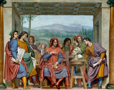 ローラン・デ・メディチ（1449-1492）（ローラン・ザ・マグニフィコ：Lorenzo il Magnifico）は、フィレンツェの芸術家たちの真ん中に座って ミケランジェロ（Michelangelo, Michel Ange）の動物群の頭部を鑑賞している。オッタヴィオ・ヴァンニーニ（1585-1643）によるフレスコ画。1635年約サラー 作： Ottavio Vannini