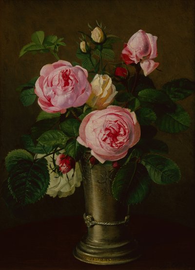 ピューター花瓶のバラ（キャンバスに油彩） 作： Otto Didrik Ottesen