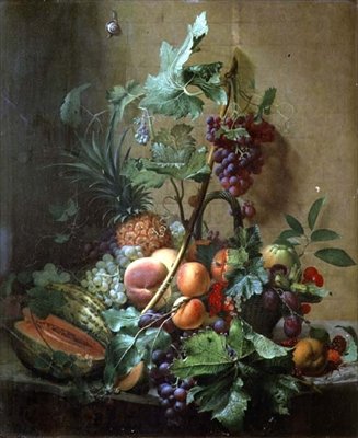 メロン、プラム、ピーチの静物画 作： Otto Didrik Ottesen