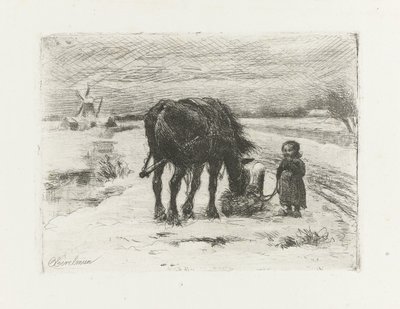 子供と馬のいる雪景色 作： Otto Eerelman