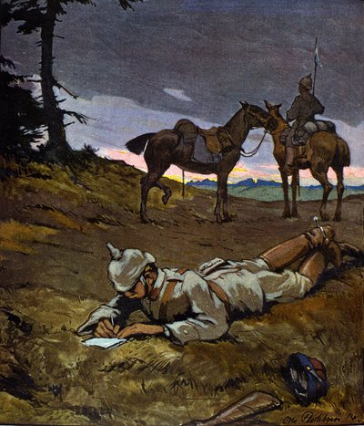 第一次世界大戦 (1914-1918): 1914 年に偵察中のドイツの騎手。スパイク付きのヘルメットをかぶっています。 オットー・フレヒナーが雑誌「ユーゲント」のために描いた絵。 20世紀 作： Otto Flechtner