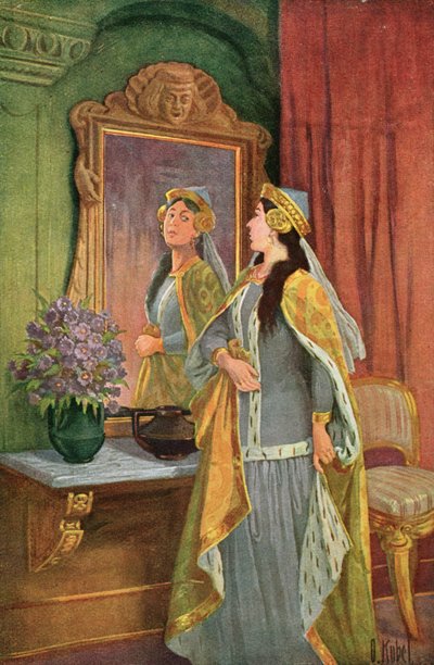 「鏡、壁の鏡、誰が一番美しい？」、グリム童話「白雪姫と七人の小人」のイラスト、1900年頃（カラーリソ） 作： Otto Kubel