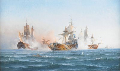1902 年 1719 年 6 月 4 日、ロシア戦隊と戦う HMS ヴァクトマイスター 作： Otto Ludvig Richarde