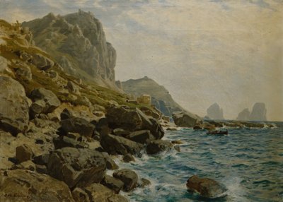 ボートのある劇的な海岸風景（キャンバスに油彩） 作： Otto Ludvig Sinding