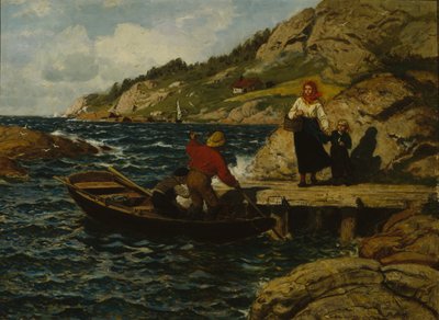 岸壁の漁師、女性と子供 作： Otto Ludvig Sinding