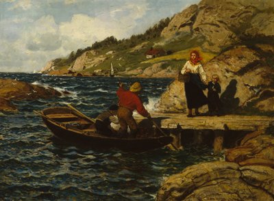 岸壁の漁師と女性と子供 作： Otto Ludvig Sinding