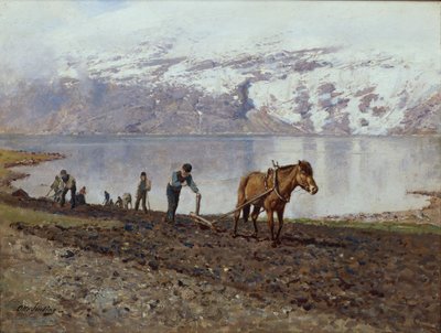 馬で耕す（キャンバスに油彩） 作： Otto Ludvig Sinding