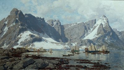 レーヌ、ロフォーテン諸島からの雪景色 作： Otto Ludvig Sinding