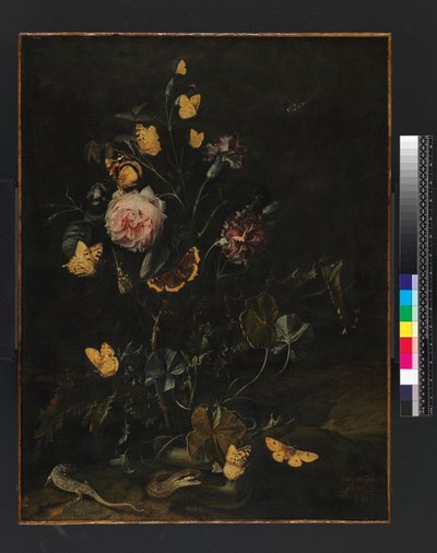 花、昆虫、爬虫類、1673 作： Otto Marseus  van Schrieck