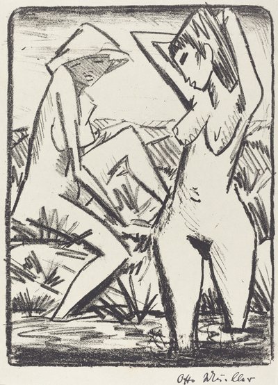 水の中に立っている女の子と、岸に座っているもう一人の女の子 作： Otto Müller