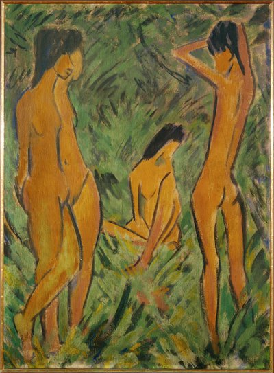 立っている少女と座っている少女の前にいる少年（麻布にジステンパー） 作： Otto Muller or Mueller