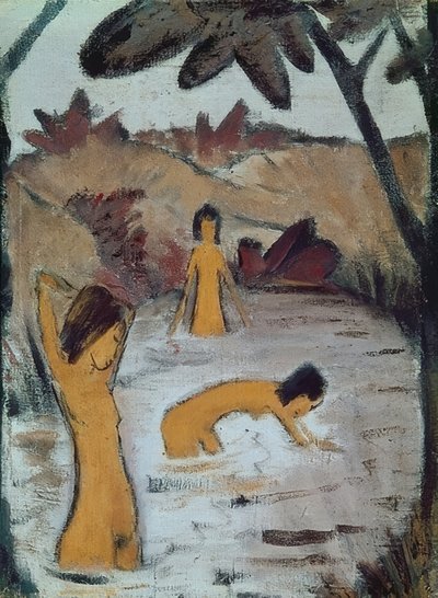 池に3人の入浴者。 1912年頃 作： Otto Mueller