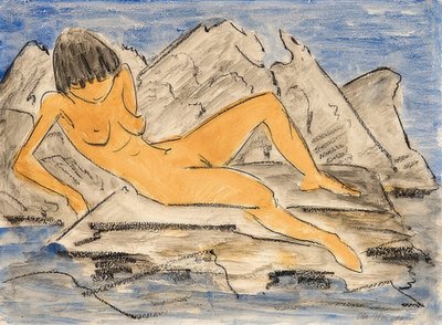 水で横になっている女性のヌード 作： Otto Mueller