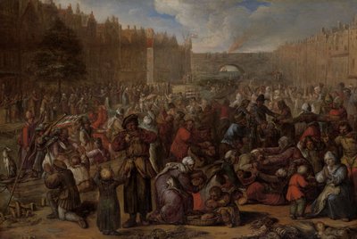 ライデンの救済におけるニシンと白パンの配布、1574年10月3日、1600年頃（パネルに油彩 作： Otto van Veen