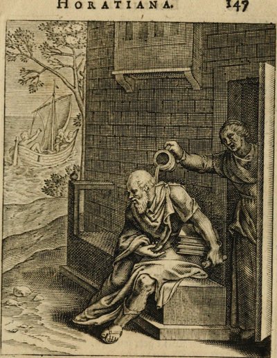 ソクラテスの上のチャンバーポットを空にするXanthippe。 Emblemata Horatianaから、1607年 作： Otto van Veen