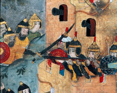 ムラド3世（1546-1595）のオスマン軍（左）と強いディテイル・タルタルの守備隊との戦闘シーン。コーデックス・ミニアチュールR-1296。16世紀 トプカプ・サライ博物館 図書館 イスタンブール 作： Ottoman School