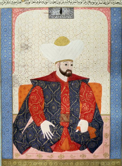 オスマン帝国：「オスマン・スルタン・ムラド1世（1326-1389）の肖像」 歴史学者セイイド・ロクマン・アシュリ1538年の手稿（Ms.1973、フォリオ62a）「Zubdatat-al-Tawarikh」（物語のクリーム）のミニチュア。トルコ・イスラム美術博物館 作： Ottoman School