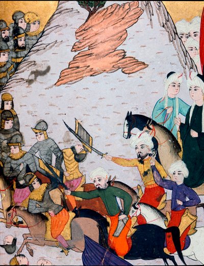 オスマン帝国：1396年9月25日のニコポリスの戦いで、スルタン・バヤズィッド1世（バジャゼット）（1360年～1402年頃）の軍とフランコ・ハンガリー同盟との衝突の様子。15世紀の細密画。トプカプ・サライ博物館 図書館 イスタンブール 作： Ottoman School