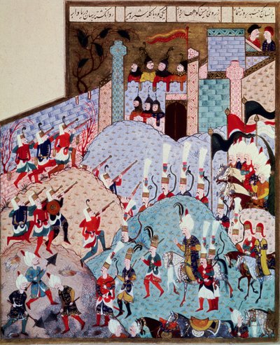 オスマン帝国：要塞都市を攻撃するスルタン・ソリマン（スレイマン）1世（1520-1566）とその軍勢の図。1558年、アリフィ作の「スレイマンネーム」（ms.H.1517, fol.143a）から引用されたミニチュア。イスタンブールのトプカプ・サライ 作： Ottoman School