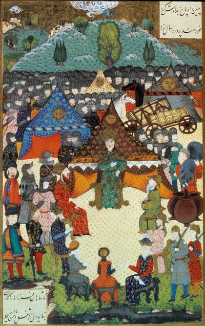 オスマン帝国：スルタン・ソリマン（スレイマン）1世（1520-1566）の宮廷での壮麗な姿を描いたもの。ミニチュアはアリフィの「スレイマンネーム」（ms.H.1517, fol.200a）から引用 1558年イスタンブールのトプカプ・サライ 作： Ottoman School