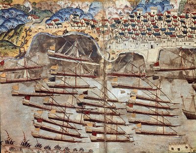 オスマン帝国：私掠船バルベロッサ（Khizir Khayr ad-din (Barbaros Hozor Hayreddin Pasha or Pasa or Chair ad Din, Chaireddin or Cheireddin) (1466-1546)）の艦隊がニースの街に向かっている様子を表している。ミニチュアはアリフィの「Suleymanname」からの引用 作： Ottoman School