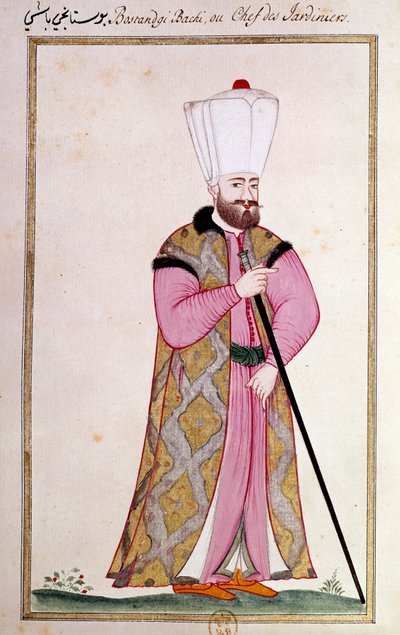 オスマン・アート：宮殿の庭師たちの頭。写本からのプリント 作： Ottoman School