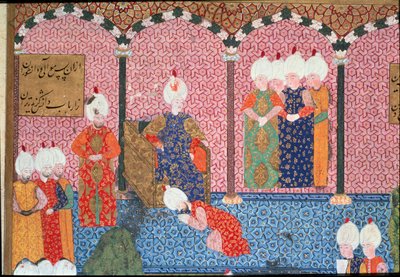 オスマン帝国のスルタン、ソリマン（スレイマン）1世（1494-1566）の肖像、即位式で宮廷を取り囲む様子 詳細ミニチュアはアリフィ作「スレイマンネーム」（ms.H.1517）からの抜粋 1558年イスタンブールのトプカプ・サライ 作： Ottoman School