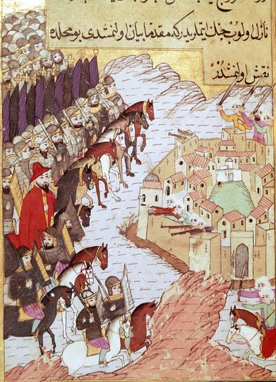 第2回十字軍遠征（1147-1149）：シリアのアレッポの街の前での十字軍遠征。16世紀の細密画イスタンブールのトプカプ・サライ 作： Ottoman School