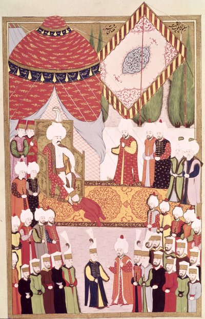 ロックマンの「Hunername」からのスルタンセリム1世の戴冠式（1466-1520）（紙のガッシュ） 作： Ottoman School