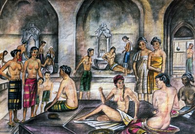 トルコ風呂、水彩画、オスマントルコ文明 作： Ottoman School