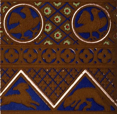 エナメル細工の棺に施されたビザンチン様式の装飾品（デュ・ソメラール著「Les Arts du Moyen Ages」第7章、プレートXXIX、1868年「装飾の文法」より）（カラーリトグラフ版 作： Owen Jones