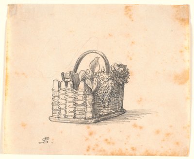 植物と本が入った籐のかご。 作： P.C. Skovgaard